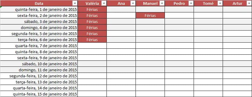 Mapa de férias Excel