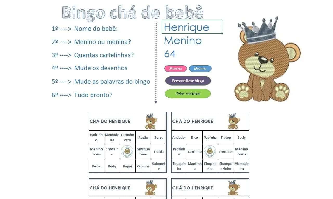 Bingo chá de bebê - Planilha Excel VBA