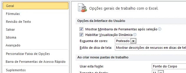 Conhecendo as opções do Excel - Geral