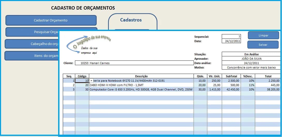 Cadastro de Orçamentos/Pedido de Venda Excel e VBA - Orçamento/Pedido de Venda Excel