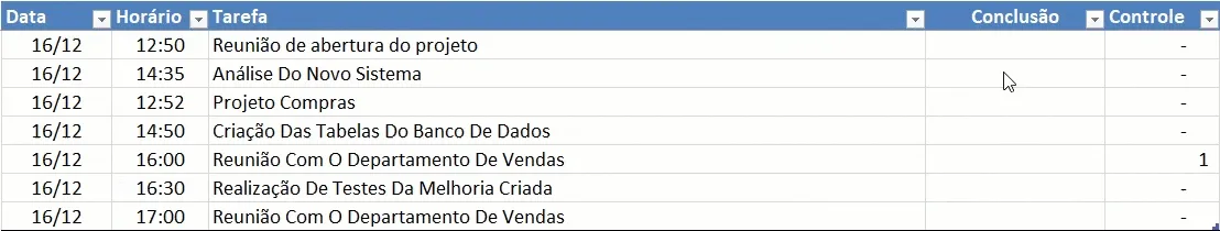 Agenda que fala as tarefas nos horários Excel