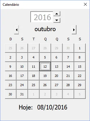 Calendário na célula Excel