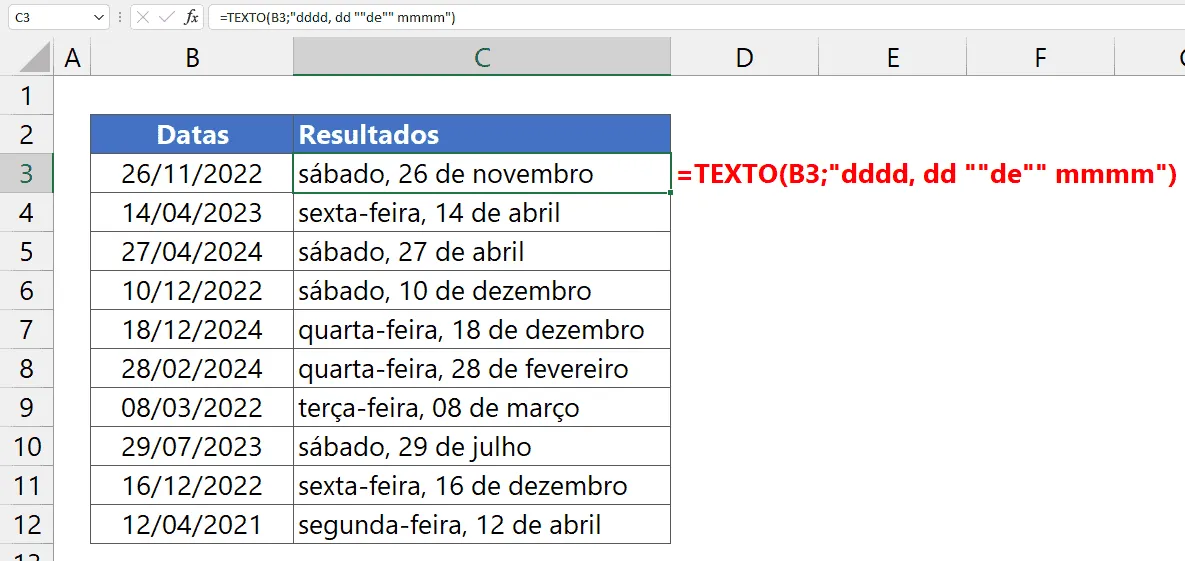 Como Exibir Datas no Excel por Extenso 5