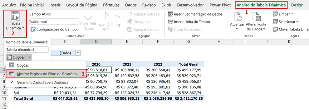 Mostrar Páginas do Filtro de Relatório da Tabela Dinâmica 4