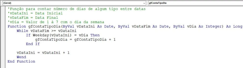 função vba para contar dias da semana no Excel