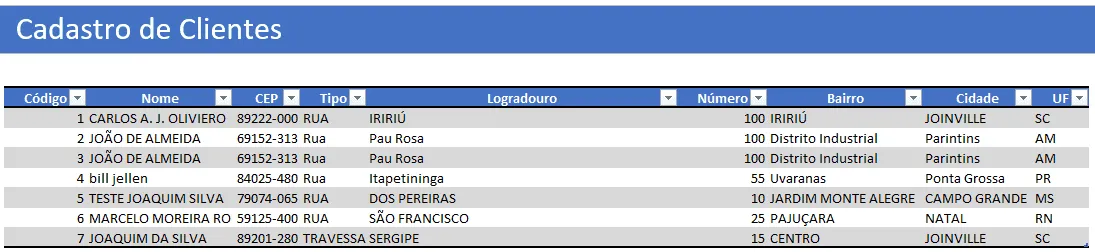 Cadastro de Clientes no Excel com Consulta de Endereço pelo CEP na Internet