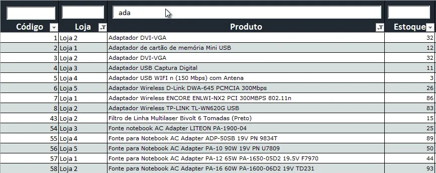 Filtro automático ao digitar Excel