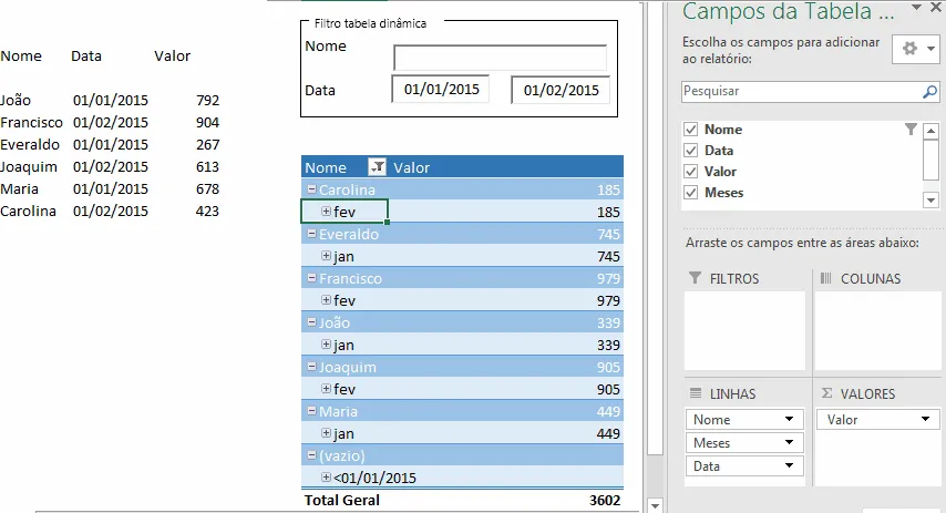 Filtro automático em tabela dinâmica Excel