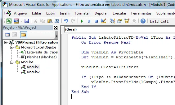 Filtro automático em tabela dinâmica Excel