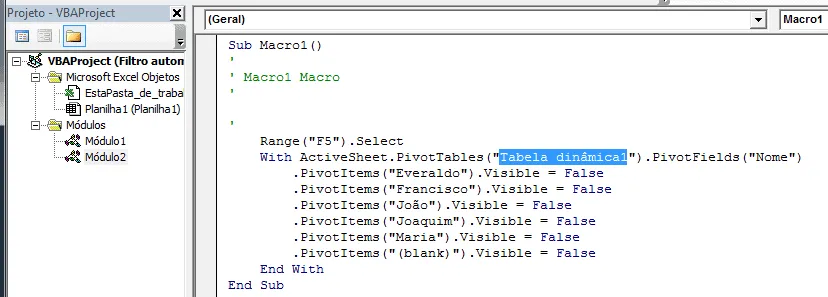 Filtro automático em tabela dinâmica Excel