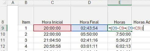 hora adicional noturna  no Excel 3
