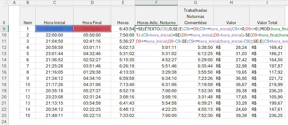hora adicional noturna  no Excel 4