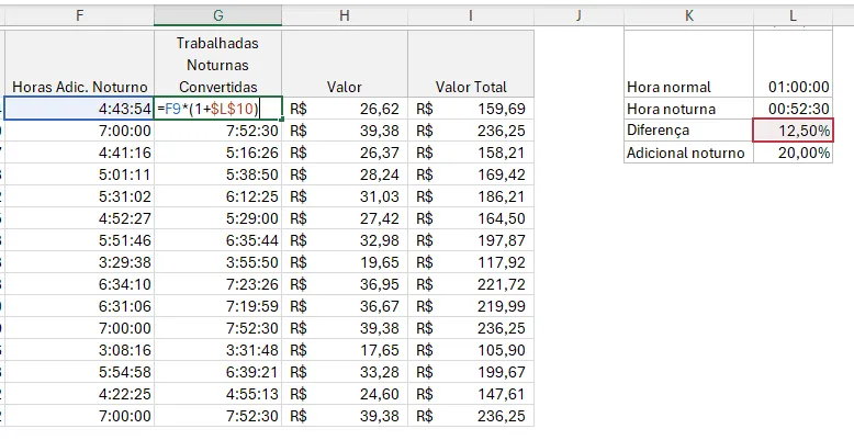 hora adicional noturna  no Excel 5