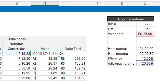 hora adicional noturna  no Excel 6