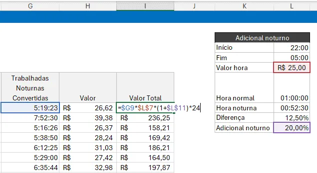 hora adicional noturna  no Excel 7