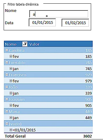 Filtro automático em tabela dinâmica Excel