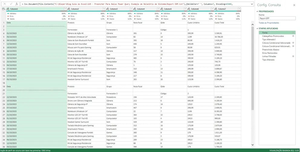 Linha em Coluna Power Query Excel 2