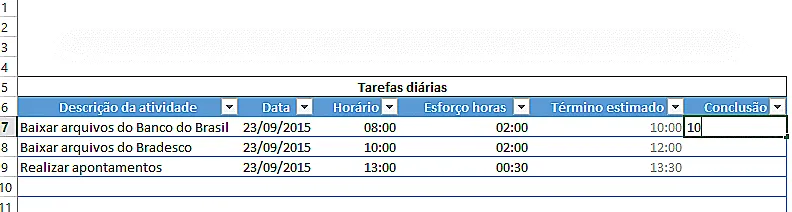 Planilha de atividades diárias Excel