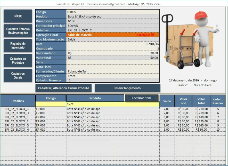 Planilha de controle de estoque Excel 3.0-Consulta e lançamento de movimentação de estoque