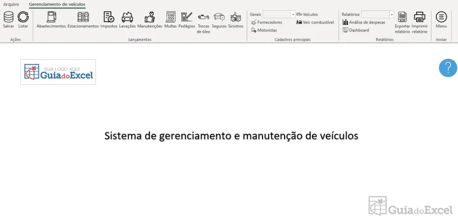 tela principal da planilha de manutencao de frota de veiculos excel