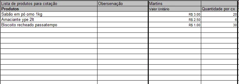 Planilha de cotação de preços supermercado 2
