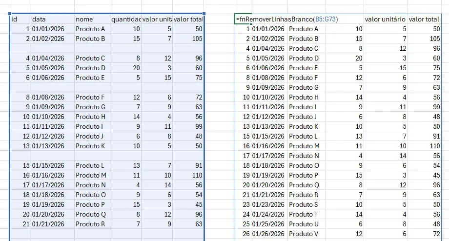 remover linhas lambda excel 2