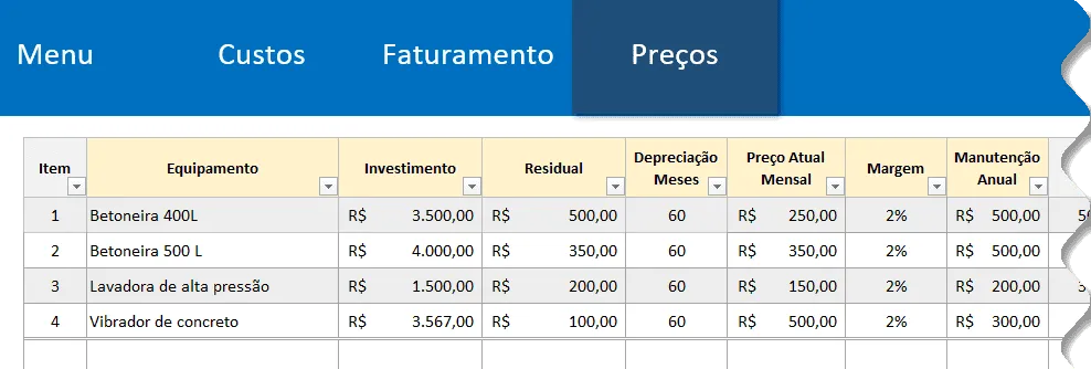 Planilha de Cálculo de preços de Locação de Equipamentos Excel 3