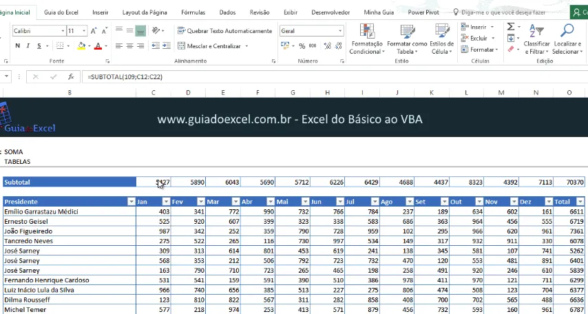 Somar células visíveis Excel Subtotal