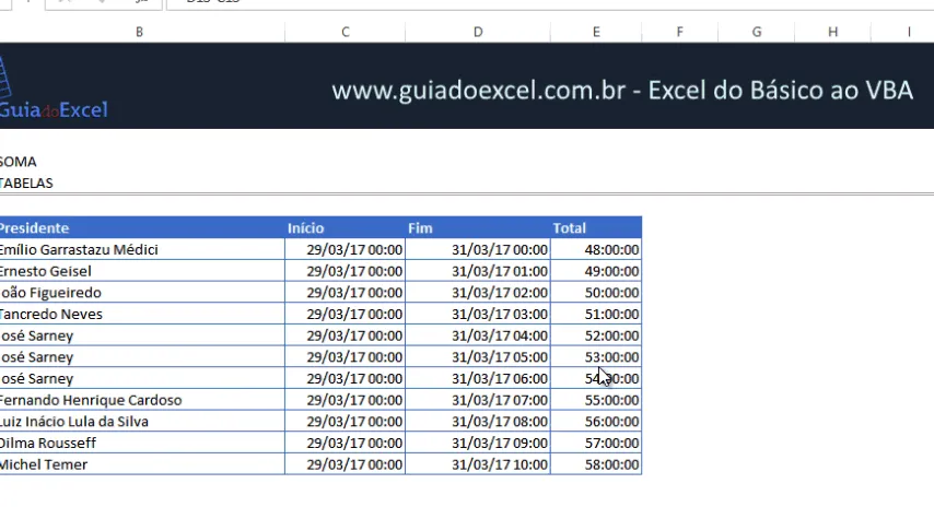 Somar horas Excel