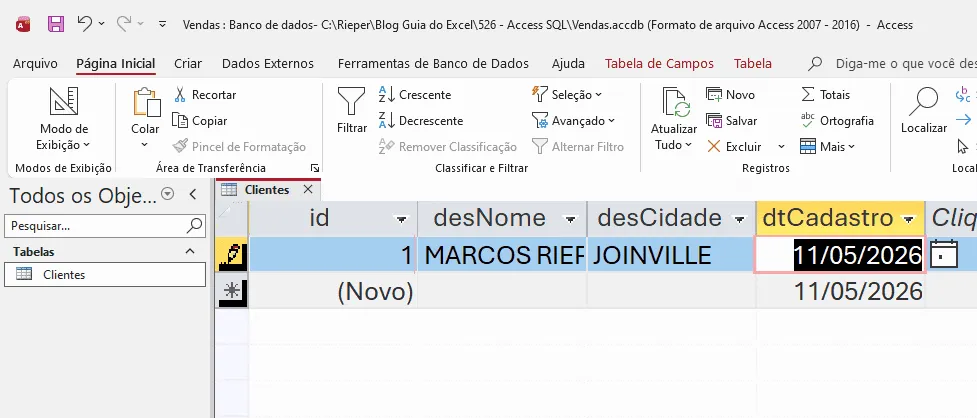 inserir dados em tabela access